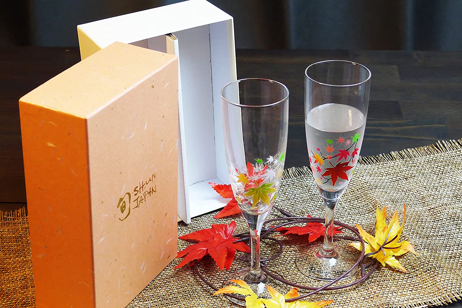[現貨｜全港免運]丸モ高木陶器 - 冷感變色紅葉香檳玻璃對杯｜禮盒包裝｜MARUMO TAKAGI