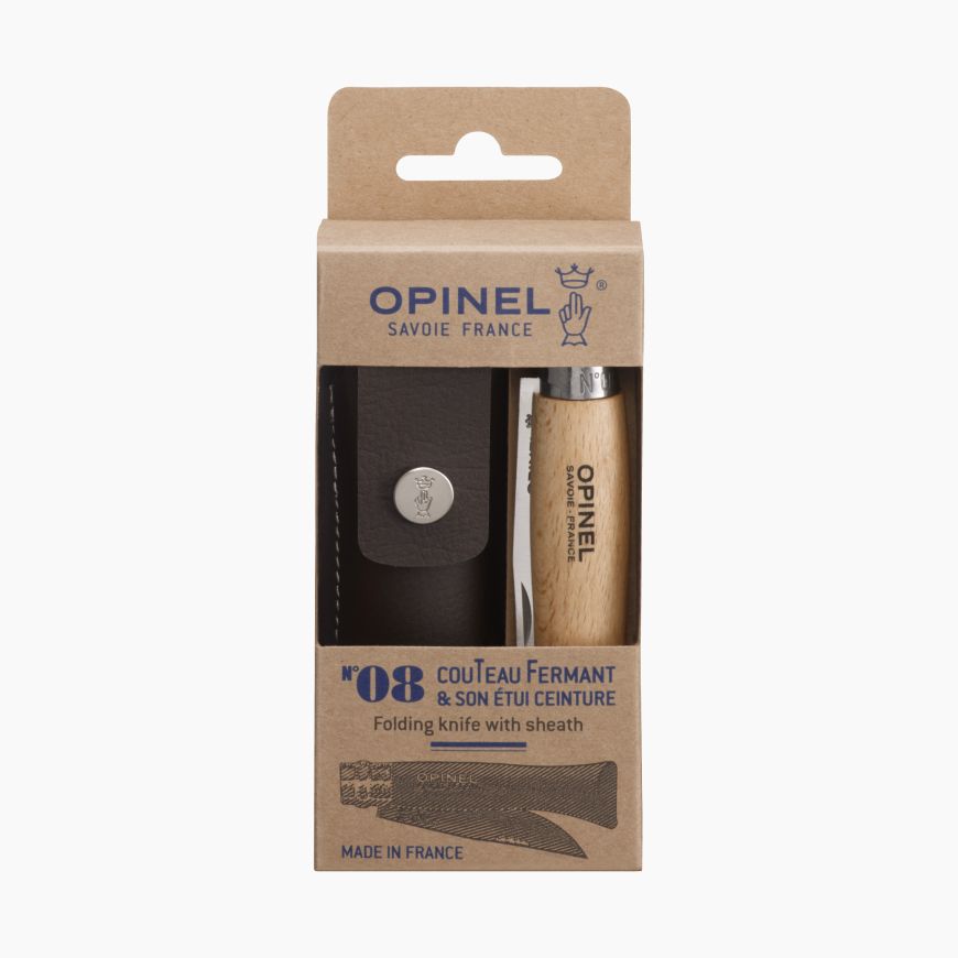 Opinel - N°08 Stainless Steel Folding Knife+Sheath｜Beechwood Handle｜不鏽鋼胡桃木柄摺刀連皮鞘