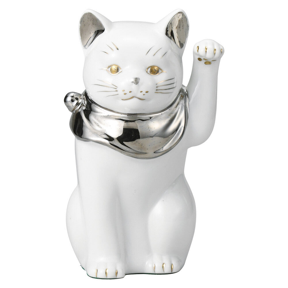 [In stock｜Free Shipping in Hong Kong] Mitsui Pottery - Pure White Silver Edo Cat Lucky Cat｜Height 19cm｜Setoyaki｜Left Hand